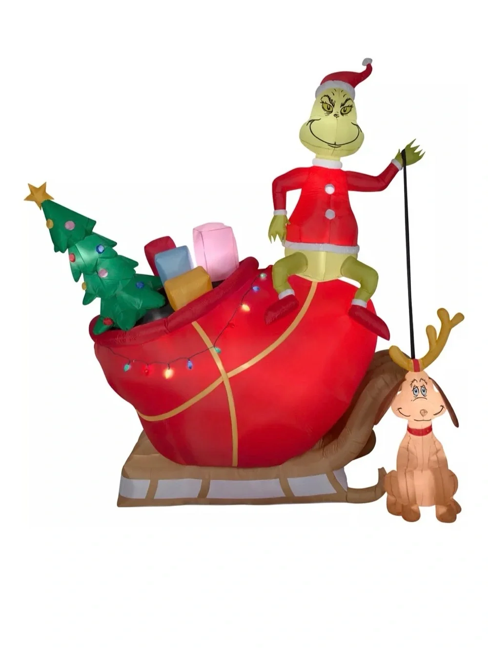 Brand new in box Inflatable Grinch in Red Santa Sleigh Holiday Decoration